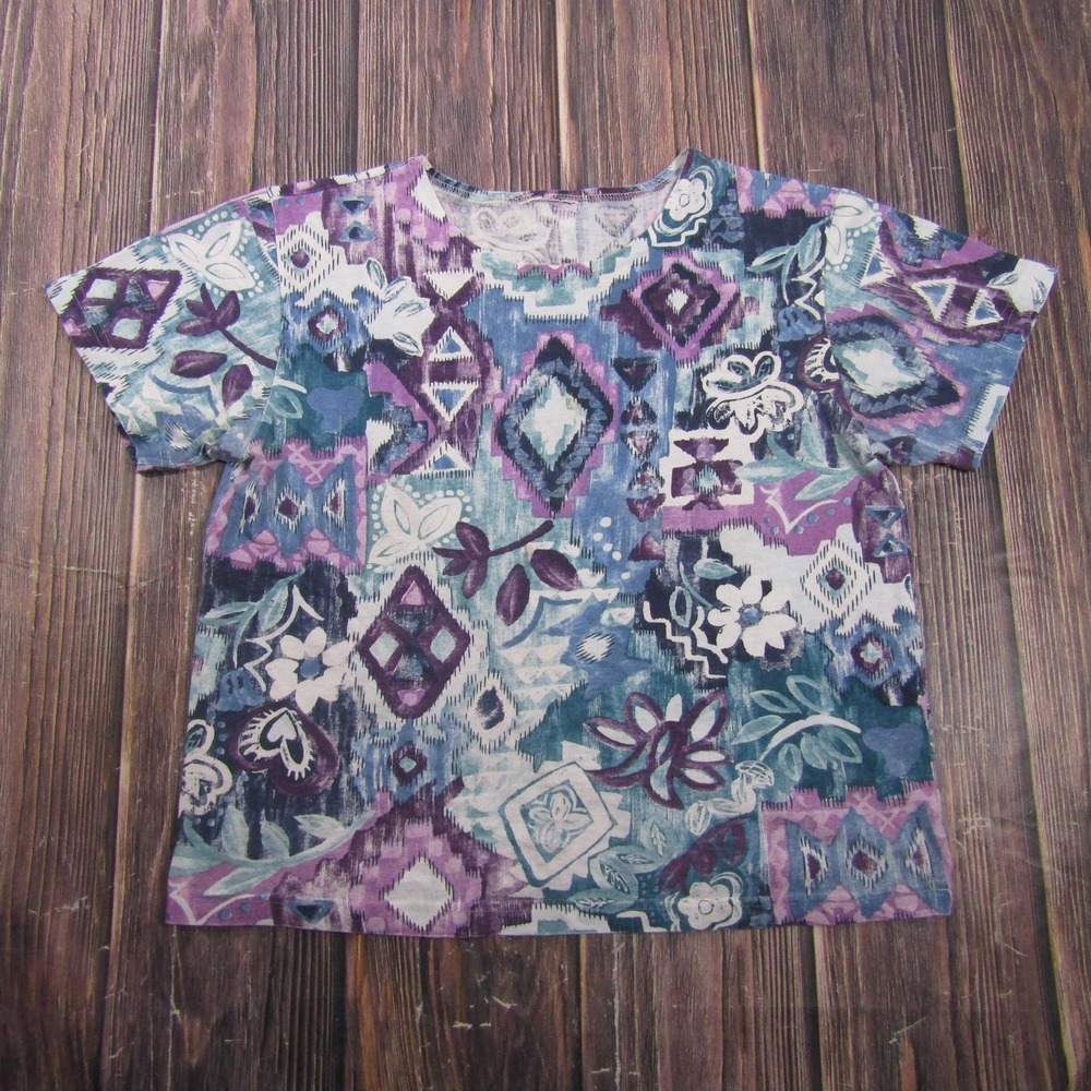 Vintage 90s Floral T-Shirt Womens‎ L Multicolor Geometric Crew Neck Granny Core